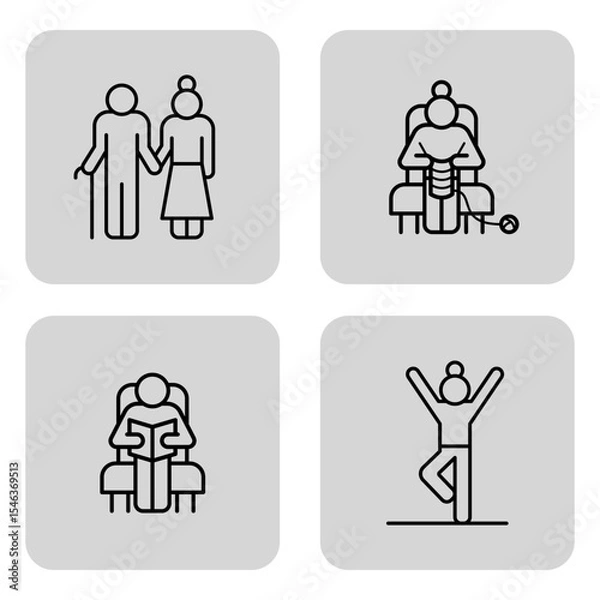 Obraz Set of four line art icons representing senior activities such as walking, knitting, reading, and exercising. Leisurely pursuits for older adults concept
