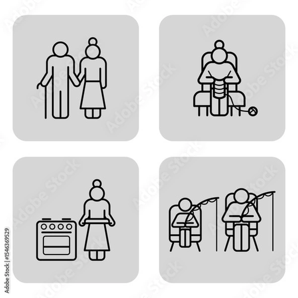 Obraz Four line drawings of senior individuals involved in diverse activities, including walking, relaxing in chair, cooking, and participating in hobby