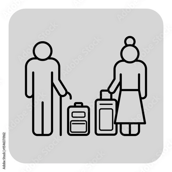 Obraz Elderly couple standing together with their suitcases, ready for journey. Seniors preparing to explore new places