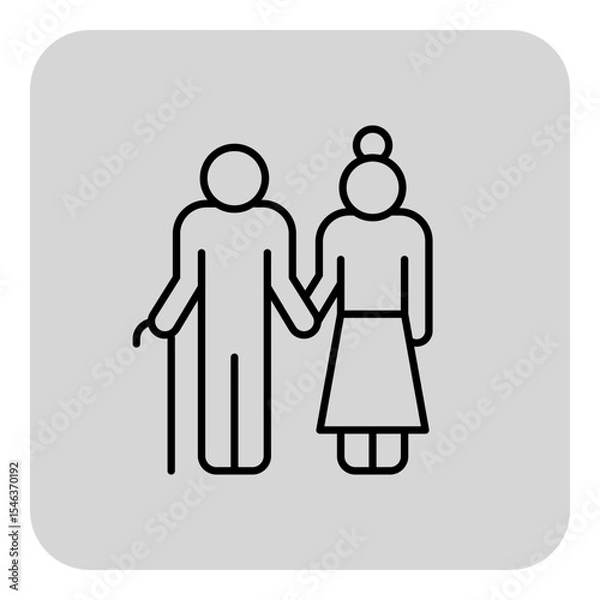 Obraz Minimalistic line illustration of senior couple, man using cane, standing closely while holding hands. Companionship and love concept