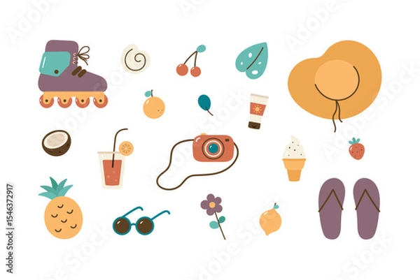 Fototapeta Summer set. Isolated cartoon flat objects on white background. Hat, shell, ice cream, juice, glasses, roller skates, lemon, strawberry, sunscreen, pineapple, coconut, camera. Summer vibes.