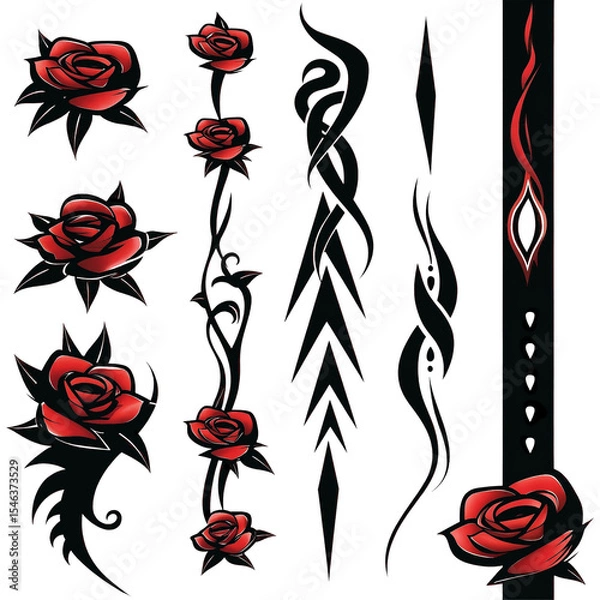 Obraz Vibrant red roses are depicted with bold black swirls and accents, creating a striking contrast against a white background. The design combines elegance with artistic flair.