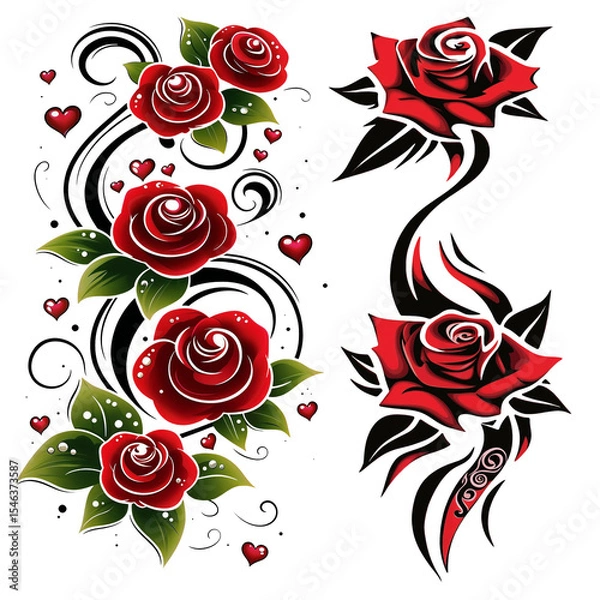 Obraz Vibrant red roses are depicted with bold black swirls and accents, creating a striking contrast against a white background. The design combines elegance with artistic flair.