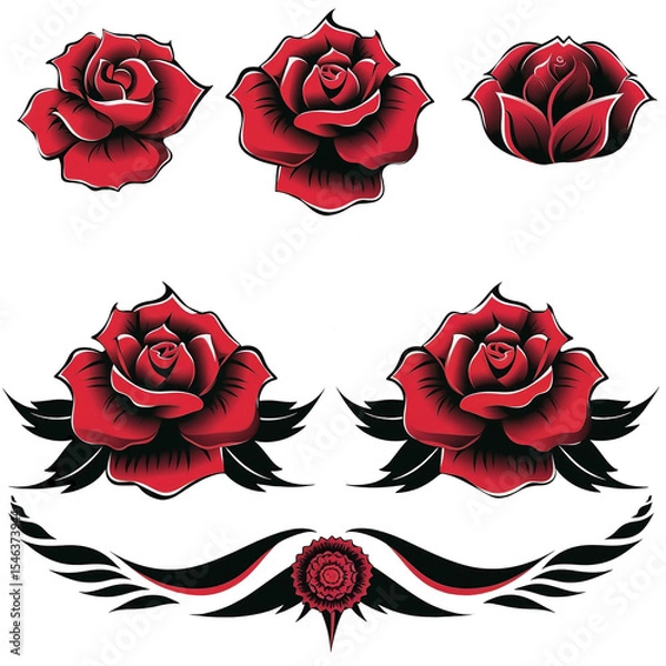 Obraz Vibrant red roses are depicted with bold black swirls and accents, creating a striking contrast against a white background. The design combines elegance with artistic flair.