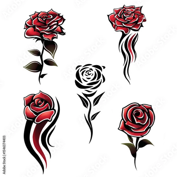 Obraz Vibrant red roses are depicted with bold black swirls and accents, creating a striking contrast against a white background. The design combines elegance with artistic flair.