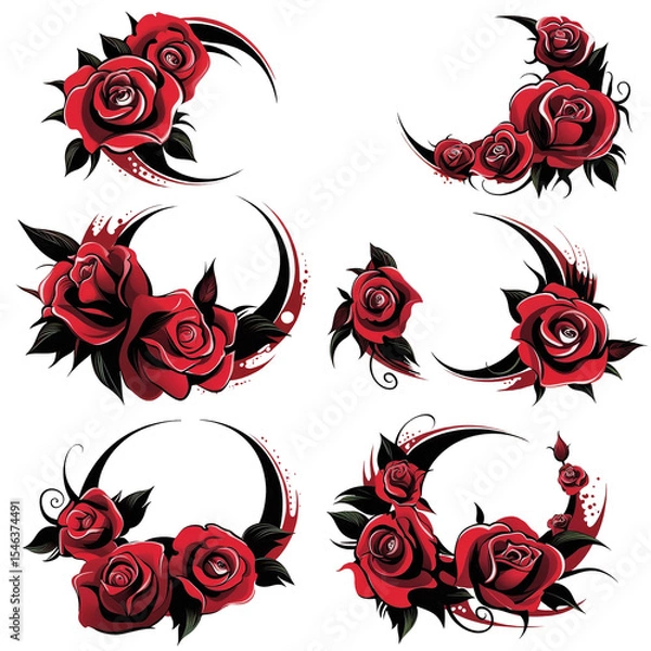 Obraz Vibrant red roses are depicted with bold black swirls and accents, creating a striking contrast against a white background. The design combines elegance with artistic flair.