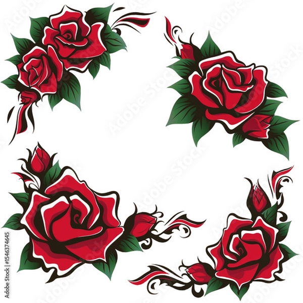 Obraz Vibrant red roses are depicted with bold black swirls and accents, creating a striking contrast against a white background. The design combines elegance with artistic flair.