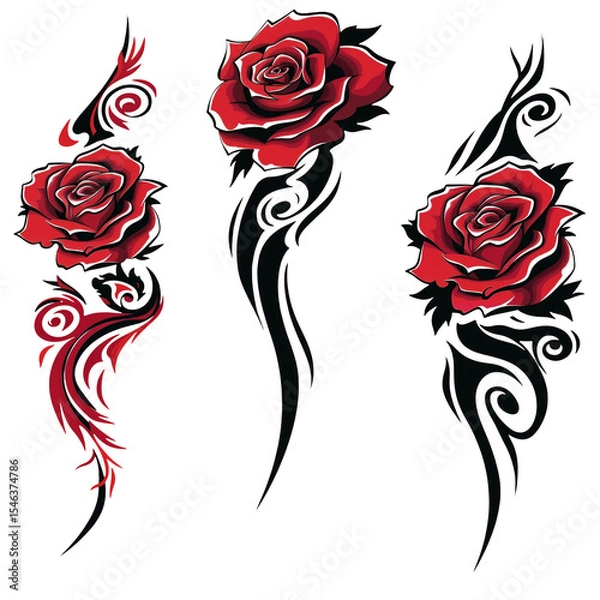 Obraz Vibrant red roses are depicted with bold black swirls and accents, creating a striking contrast against a white background. The design combines elegance with artistic flair.