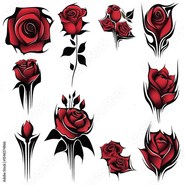 Obraz Vibrant red roses are depicted with bold black swirls and accents, creating a striking contrast against a white background. The design combines elegance with artistic flair.