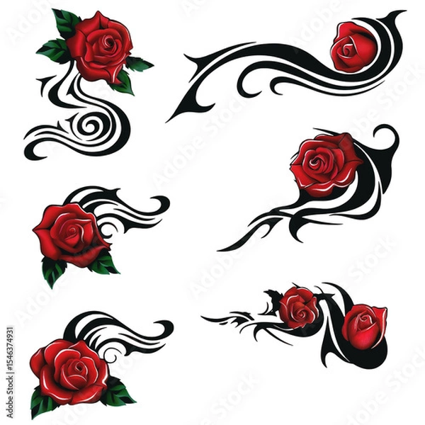 Obraz Vibrant red roses are depicted with bold black swirls and accents, creating a striking contrast against a white background. The design combines elegance with artistic flair.