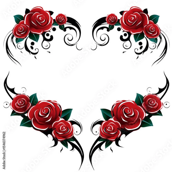 Obraz Vibrant red roses are depicted with bold black swirls and accents, creating a striking contrast against a white background. The design combines elegance with artistic flair.