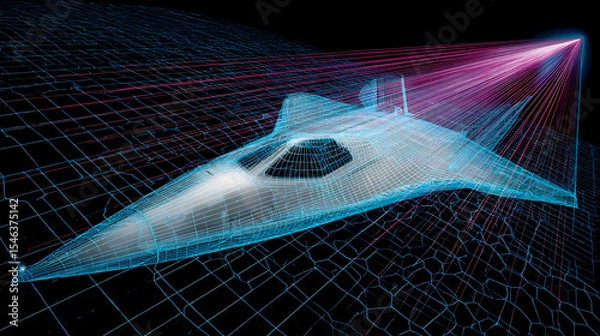 Fototapeta Quantum radar system detecting stealth aircraft with glowing purple particle trails and hexagonal grid overlay, advanced military technology concept with digital visualization.