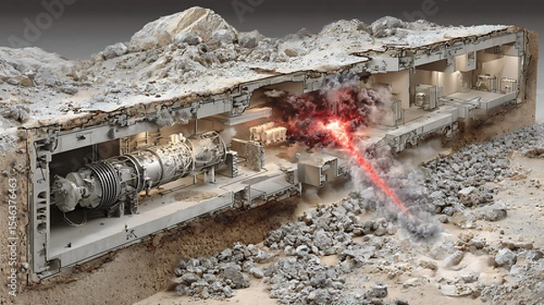 Fototapeta Cutaway view of advanced bunker buster missile penetrating reinforced underground facility with concrete debris and exploding lab equipment, glowing tungsten penetrator and engineering blueprint overl