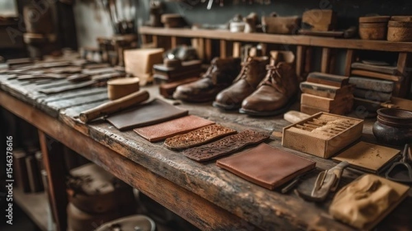 Fototapeta Rustic Leather Workshop with Handmade Items