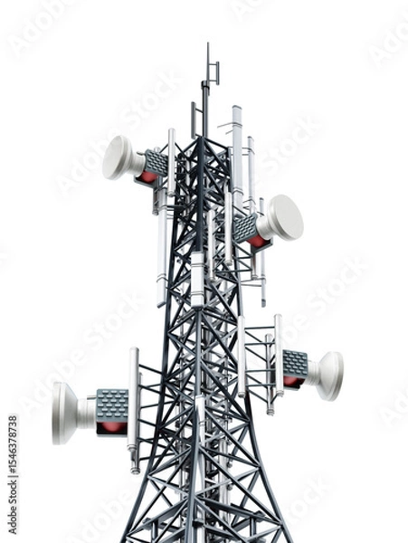 Obraz Steel telecommunications tower with satellite dishes on transparent background. 3D illustration