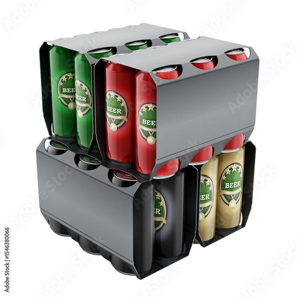 Obraz Metal beer cans in a 6 pack package on transparent background. 3D illustration