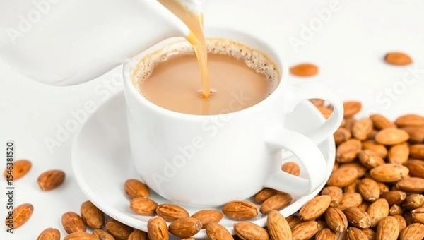Fototapeta Close-up of a white ceramic cup filled with frothy coffee, surrounded by scattered almonds on a white background, coffee being poured from a matching pitcher.

