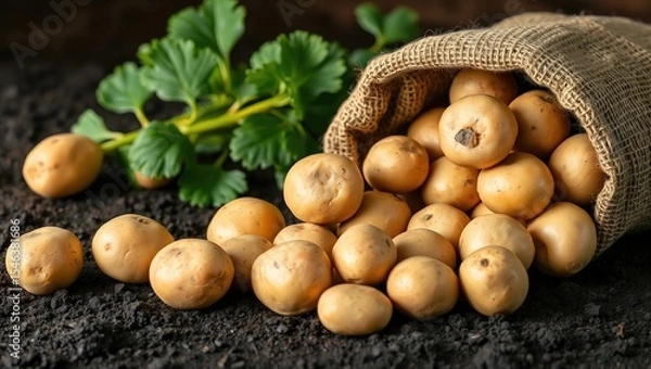 Fototapeta Rustic burlap sack filled with unpeeled potatoes spilling onto dark soil, soft-focus green leaves in background, warm natural lighting highlights texture.

