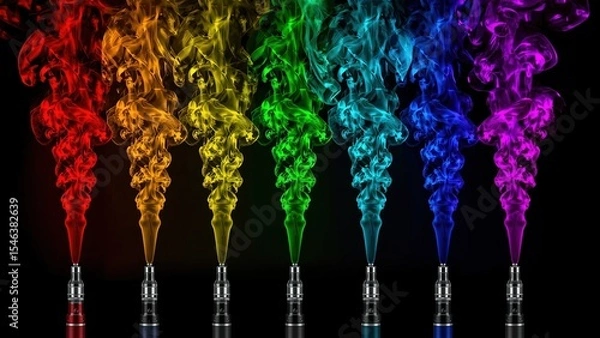 Fototapeta Colorful digital art of six metallic vape pens in a row on black background, each emitting vivid smoke in red, orange, yellow, green, blue, and purple. Bright, modern, symmetrical layout.

