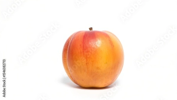 Fototapeta High-res close-up of a ripe peach against a white background. Vibrant red, orange, and yellow hues with subtle fuzz and soft shadow, highlighting its natural beauty.









