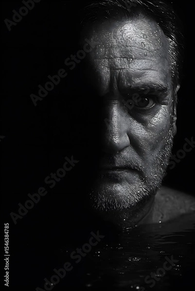 Obraz This striking black and white portrait captures a man emerging from the darkness, highlighting intense emotions through the water droplets and dramatic lighting on his face.