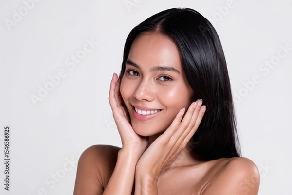 Fototapeta Radiant Woman Smiling with Hands on Cheeks, isolated background