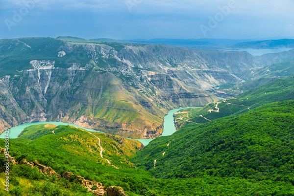 Obraz Picturesque landscape with a bend of an azure river in a deep mountain canyon. Sulak. Caucasus
