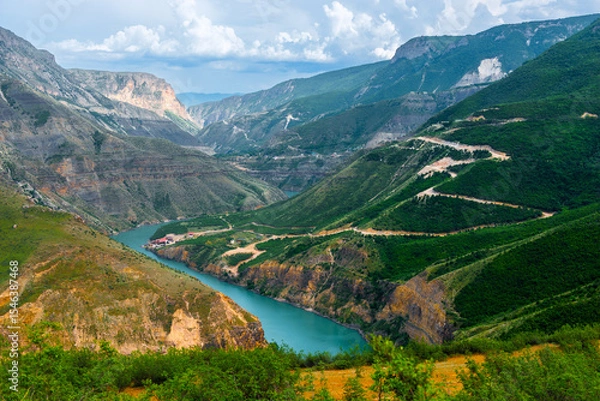 Obraz Picturesque landscape of Sulak Canyon with serpentine road and winding mountain river in the mountains of North Caucasus Dagestan. Russia