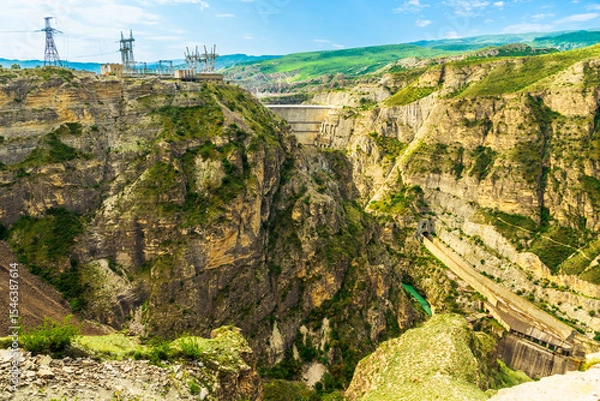 Obraz Stunning view of the Chigriyskaya hydroelectric power station on the mountain river Sulak in the mountains of the North Caucasus of Dagestan. Russia
