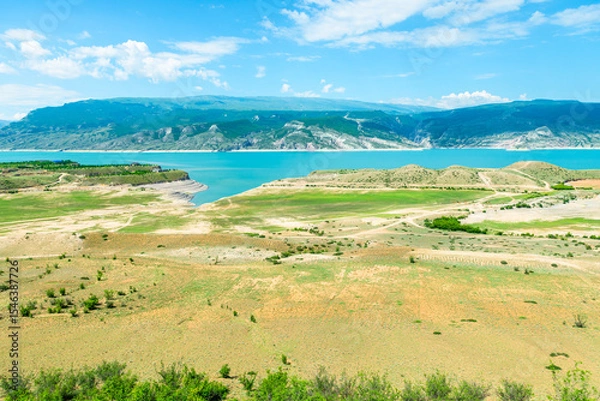 Obraz Beautiful landscape of the mountain Chirkey reservoir with azure water of the North Caucasus of Dagestan. Russia