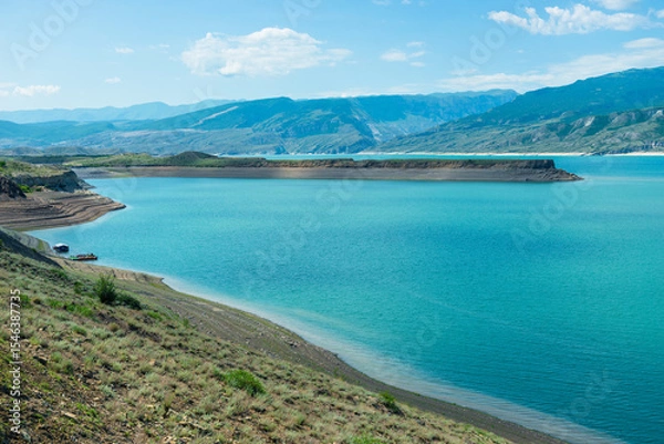 Obraz Beautiful landscape of the mountain Chirkey reservoir with azure water of the North Caucasus of Dagestan. Russia