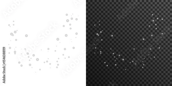 Fototapeta Flying glitter glows in warm seasonal shimmer. Sparkling fog flows through frozen festive landscape.
Crystal light dots swirl in glowing spiral. Golden powder settles on invisible winter wind. Magic