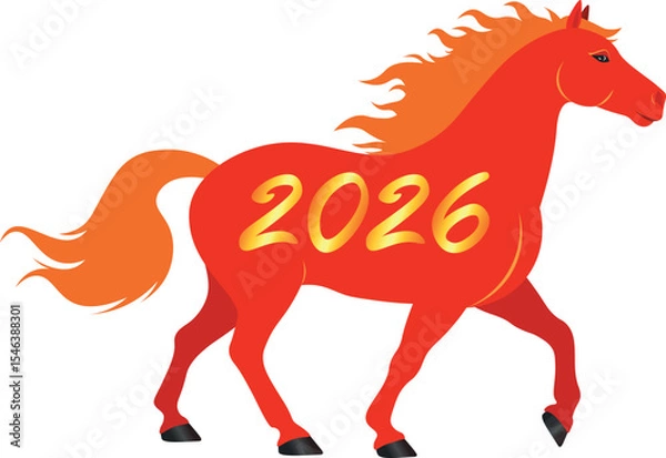 Fototapeta 2026 Red fire horse. Vector illustration of the red fire horse symbol of 2026 according to the chinese zodiac. For calendars, prints, postcards, holiday decorations, web design, new year