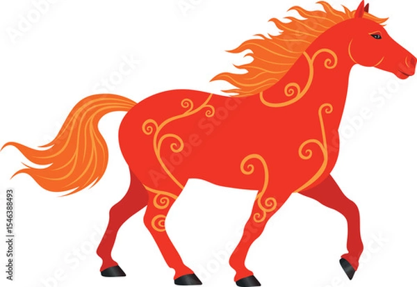 Fototapeta 2026 Red fire horse. Vector illustration of the red fire horse symbol of 2026 with patterns. Chinese zodiac. For calendars, t-shirt prints, postcards, holiday decorations, web design, new year