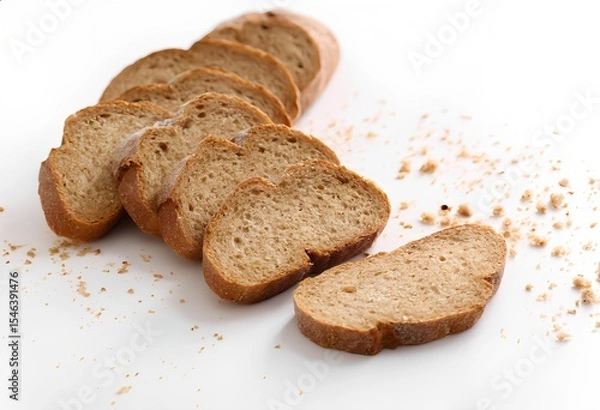 Obraz Artisan brown bread is sliced and arranged on a clean surface, with crumbs scattered for presentation