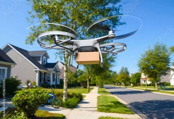 Obraz A drone is currently flying high above a suburban street, efficiently delivering a package right to a home