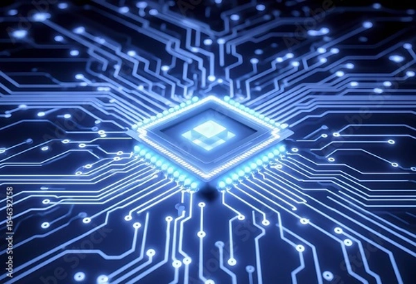 Obraz A stunning digital artwork showcasing a microchip on a circuit board, celebrating modern technology and innovation
