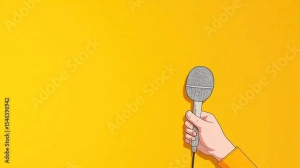 Fototapeta A Hand Holding a Microphone Against a Yellow Background