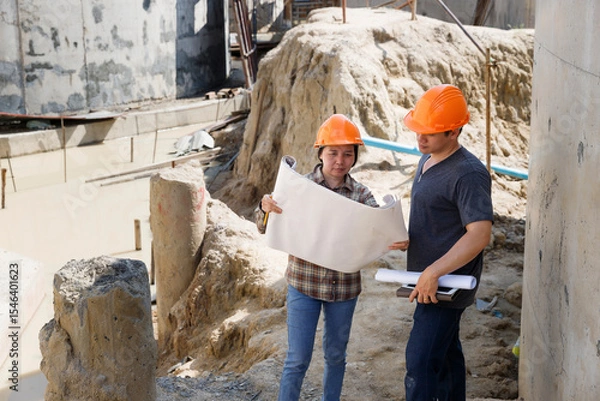 Obraz Two construction engineers in hard hats review building plans at an active construction site. An architect and a worker discuss project details amidst a concrete construction background.