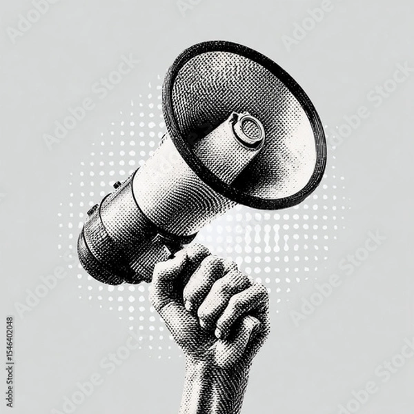 Fototapeta Generated Image of Retro vintage hand holding megaphone vibrant pop art collage, element set on transparent background monochrome halftone