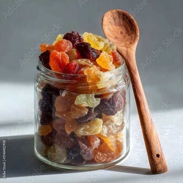 Obraz Colorful Dried Fruit in Glass Jar with Wooden Spoon | Healthy Snack Flat Lay on Rustic Background