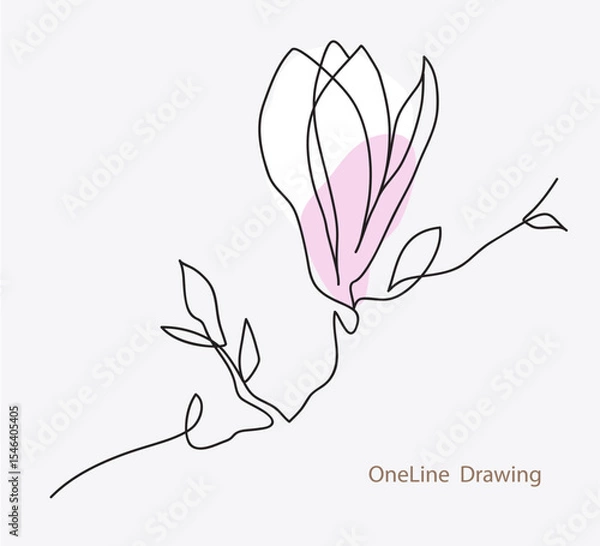 Obraz Abstract one line drawing. Decorative diagonal ornament with pink magnolia, stem and leaves. Beautiful blossoming hand drawn flower on gray. Vector stock illustration.