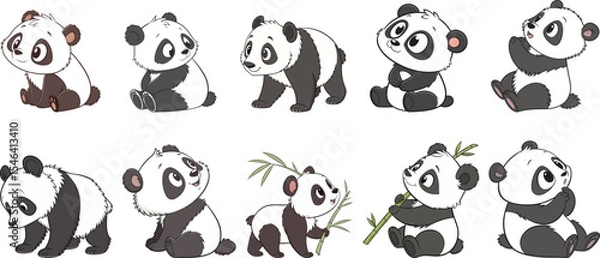 Fototapeta cute panda in different poses cartoon set vector illustration