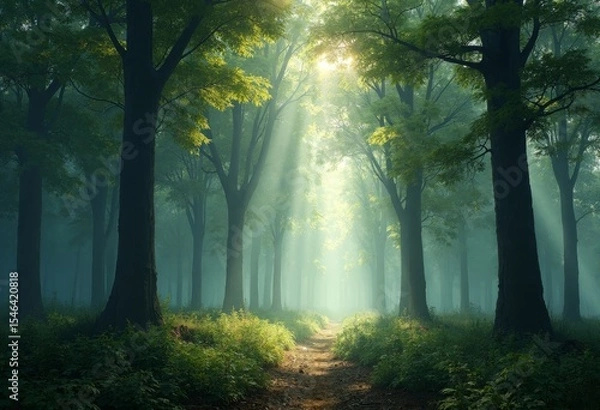 Fototapeta The secret realm of light and shadow in the forest