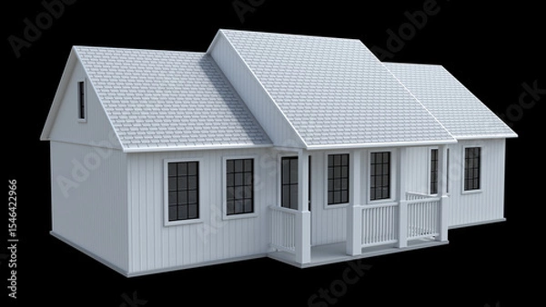 Fototapeta White cottage mockup with porch and gable window. 3d illustration isolated on black