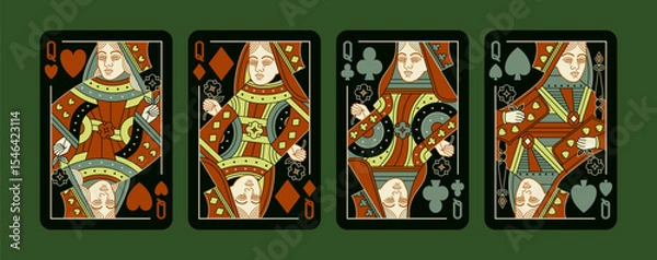 Fototapeta Queen playing poker cards set in Black design. Editable stroke lines. Spades Hearts Diamonds and Clubs suits. Vector colorful illustration.	