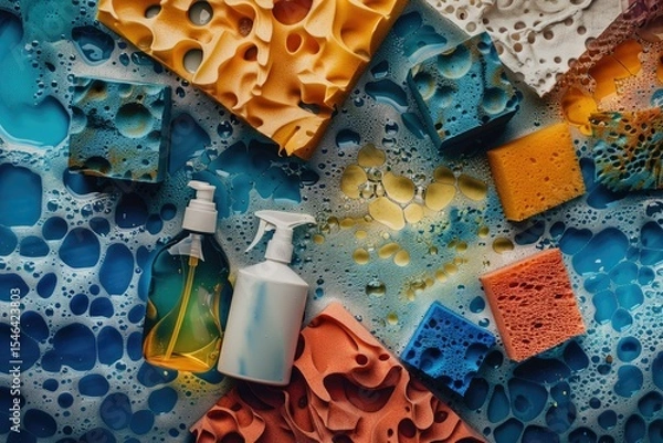 Obraz Flawless Image of Top View Arrangement with Spray Bottle and Sponges