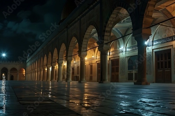 Fototapeta Illuminated registan square at night samarkand architectural beauty ethereal setting captivating perspective, Empty train station platform at night, lit by golden light, Arched gothic hallway 

