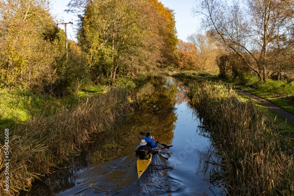 Fototapeta Two people in a kayak paddle down a beautiful stretch of the River Wey Navigation canal in Autumn