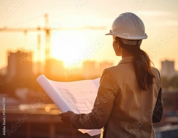 Fototapeta Engineer Overlooking Construction Site at Sunset with Blueprint in Hand